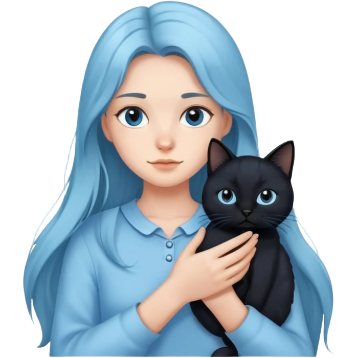 A long-haired girl in light blue clothes holding a black cat emoji