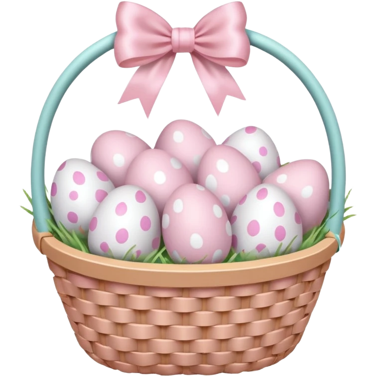 white basket full of light pink easter eggs with a light pink bow emoji