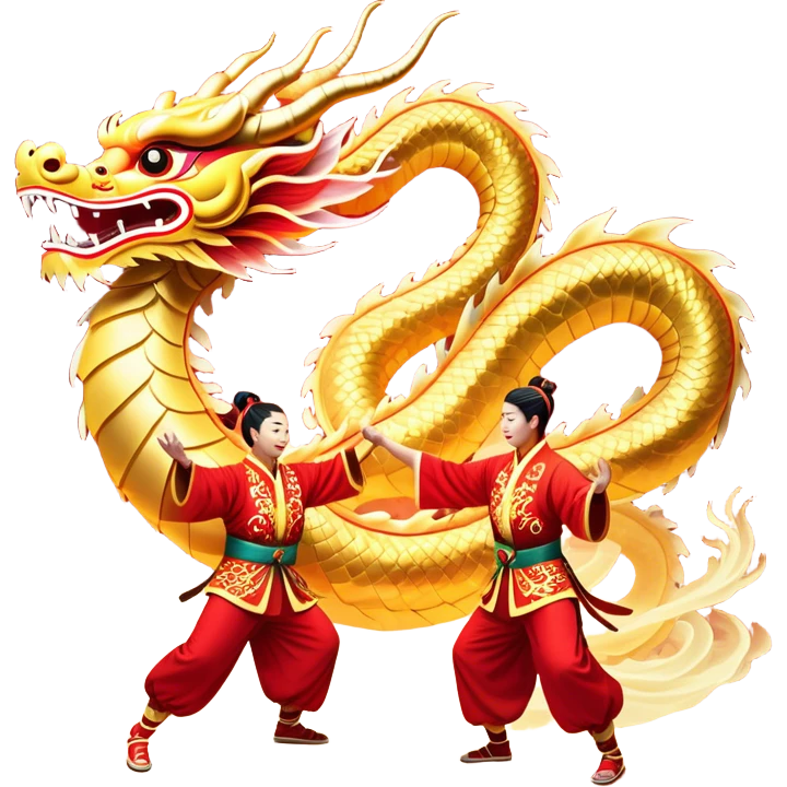Cinematic Realistic scene of a Chinese Dragon Dance featuring performers energetically holding a vibrant dragon model aloft, with intricately detailed scales and dynamic flowing costumes, illuminated by festive red and gold lighting that captures the spirit of celebration. emoji
