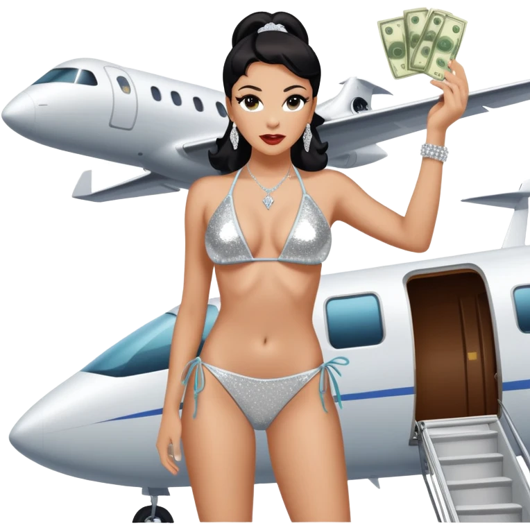 tefi valenzuela wearing diamond sparkle un top bikini and josh king madrid standing on private plane throwing money at her emoji