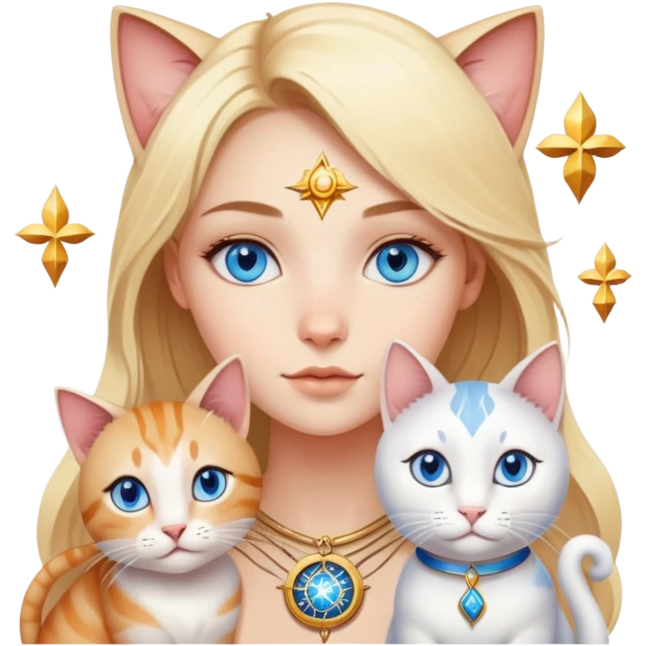 blonde girl with blue eyes astrology with different cats emoji