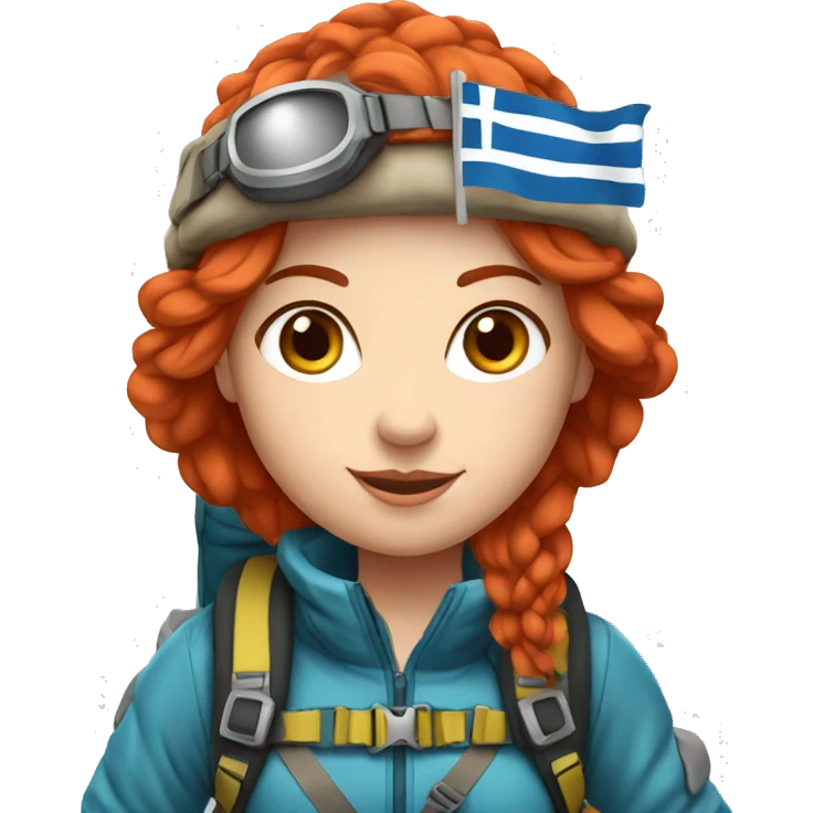 Female winter mountaineer red hair white skin climbing with Greek Flag and Easter eggs basket emoji