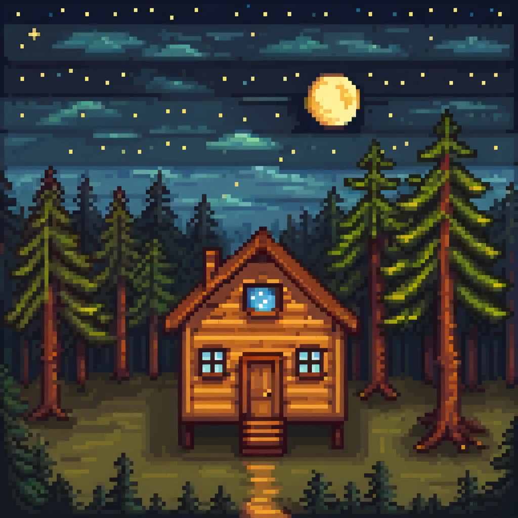 wooden house in a pine forest at night with stars in the sky emoji
