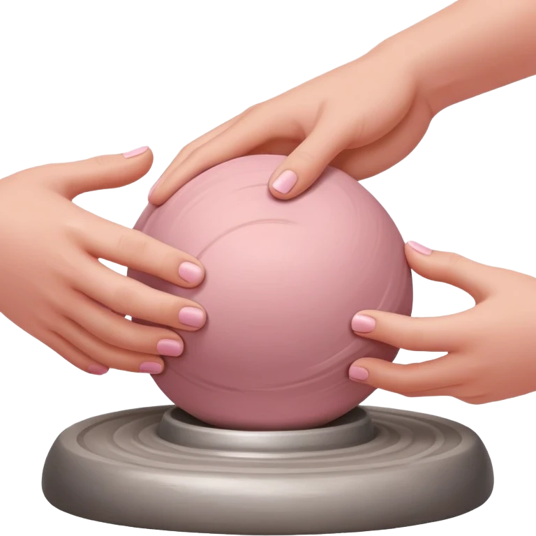 two hands kneading a pink ball of clay over a silver pottery wheel without the clay touching the wheel emoji