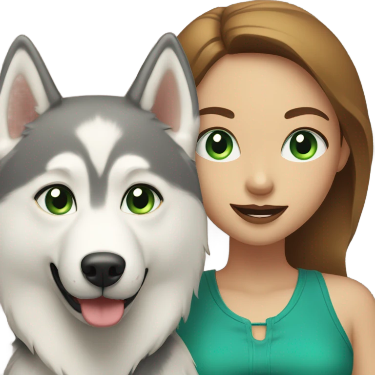 White Woman hair brown and bleus eyes and golden Husky With green eyes emoji