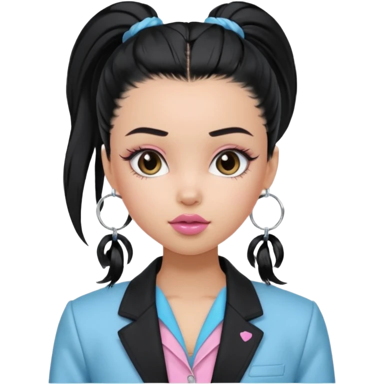 generate a pretty bratz girl wearing a light blue full sleeve shirt. silver small hoops, pink lipgloss, black blazer. black hair tied up in a ponytail emoji
