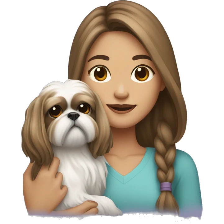 Young woman with a shih tzu in her arms long hair emoji