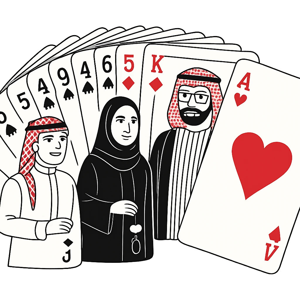 A deck of cards fanned out in a semicircle, showing various card faces and suits emoji