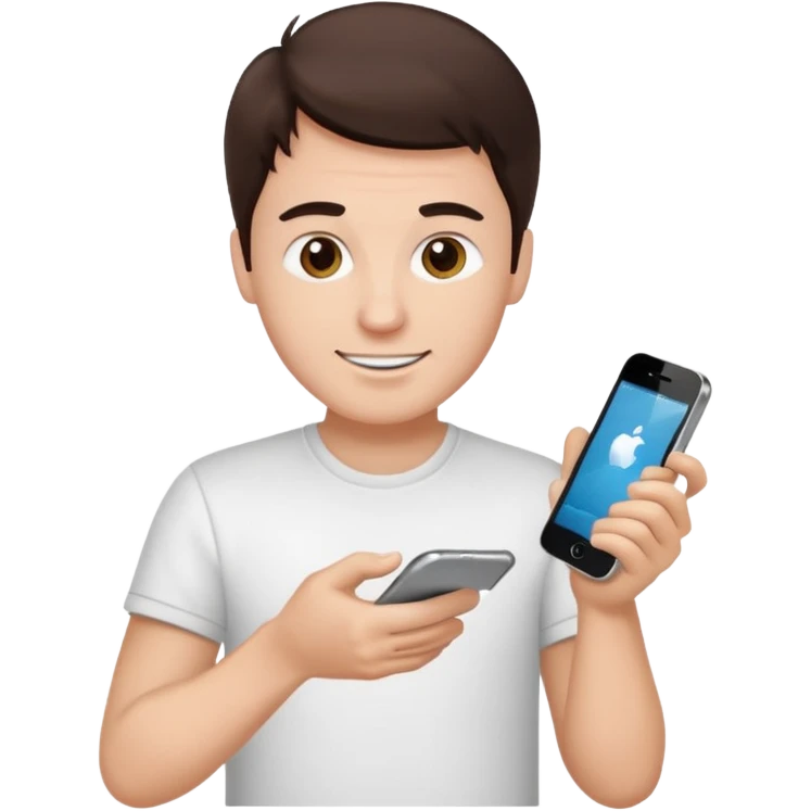 make a white guy with dark brown hair, with a simple white o grey shirt, repairing an iphone, un tecnico happy emoji
