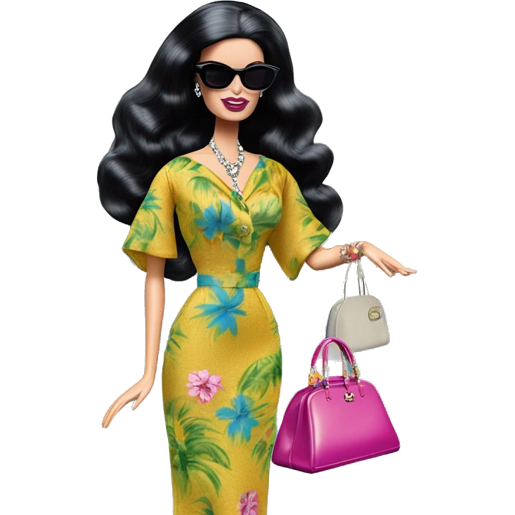 1960’s Palm Beach Breeze Barbie, teen Morticia Addams ,by the pool, white skin, full body visible, wavy hair,handbag, aloof,eyeshadow,earrings,open flowing floral caftan,small 2 piece, sunglasses on top of head, heels,walking Miss Thang emoji