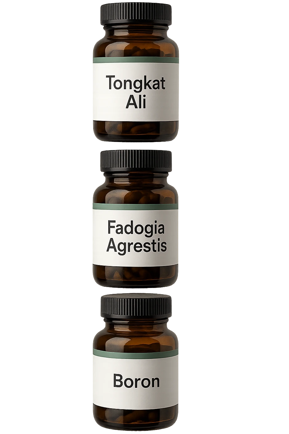 4 boccette di integratore: Tongkat Ali, Fadogia Agrestis, Boron e Zinco fluttuano in aria verticalmente emoji