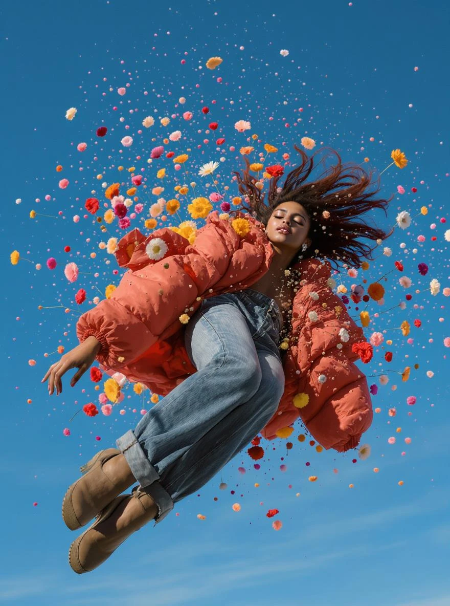 Closeup photo of a woman falling around explosion of a colorfull flowers wearing alternative fashion, blue sky minimalistic background emoji
