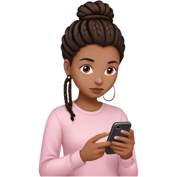 Dark brown woman wearing a light pink shirt and dreadlocks in bun texting on a Light pink phone emoji