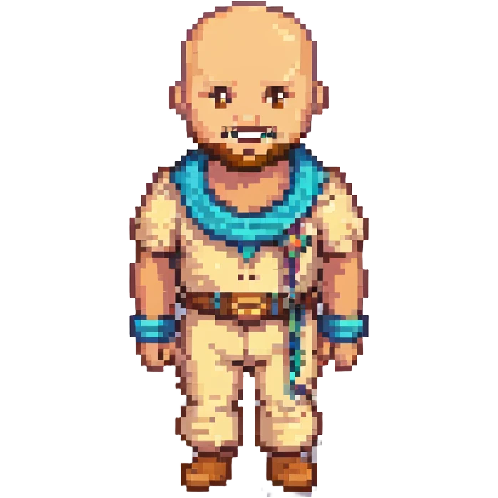 Change the skin tone to a light tan, keep the 8-bit pixel art style, bald, smiley, low beard, with no background. emoji