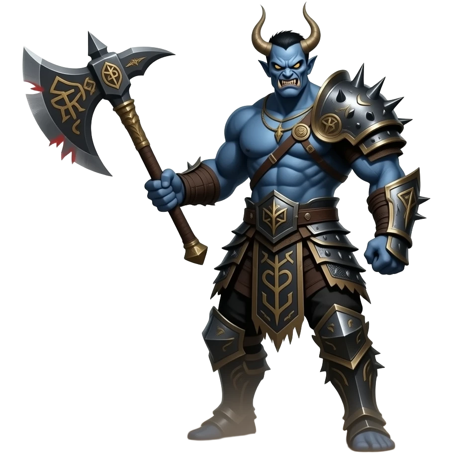 A grim Thai demon soldier (Basic), dark blue skin, holding a giant executioner's axe, terrifying look, heavy armor, battlefield background, card game style. emoji