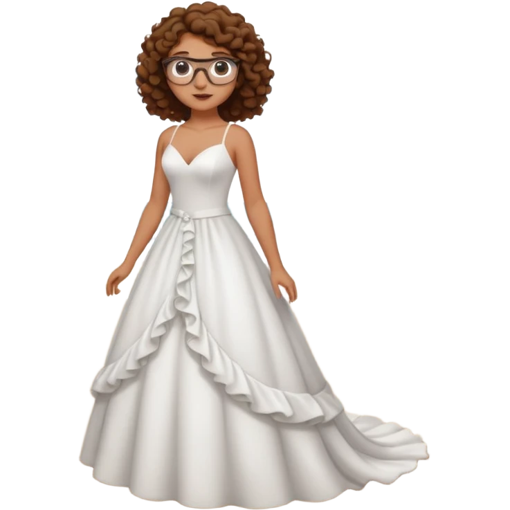 Chica blanca, pelo rizado, gafas, vestido novia playa cuerpo entero, pelo castaño emoji