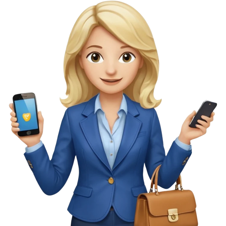 Confident and outgoing female entrepreneur, Caucasian features, medium-length wavy blonde hair, big friendly smile, expressive eyes, wearing a fitted blue blazer over a light blouse, holding a smartphone in one hand and a leather handbag in the other, waist-up, front-facing emoji