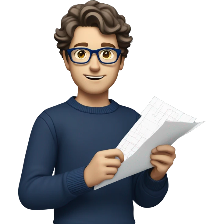 caucasian white boy with dark wavy  hair, blue glasses, and carrying design paper plan because he is an architect carrying a pencil and a set model maquette. wearing a navy blue long sleeve sweater shirt. smart.  emoji