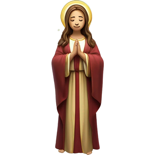 Virgin Mary: kind face looking down at the left, long brown hair, Wearing an emerald green  robe with gold stars and a burgundy red dress,  Hands in prayer or blessing. Halo around her head. standing on a crescent moon.  emoji