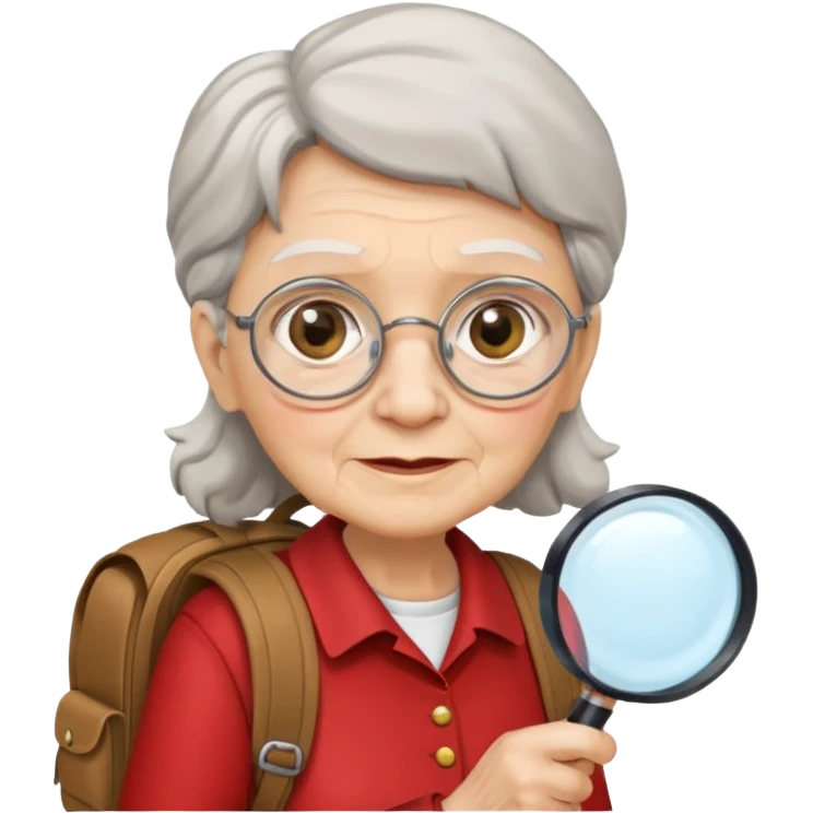Explorer old woman with red shirt backpack and magnifying glass emoji