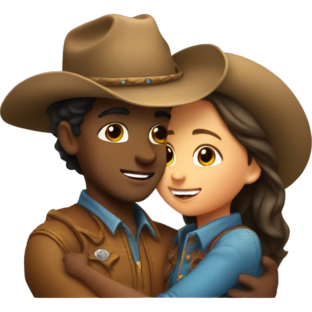 Girl and boy hugging, boy is wearing a cowboy hat emoji