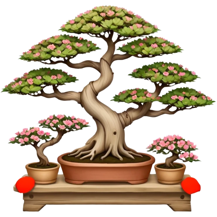 Wide Three tiered bonsai planters stand, shelving nine maple specimens and several smaller azaleas, frame made of one inch thick driftwood emoji