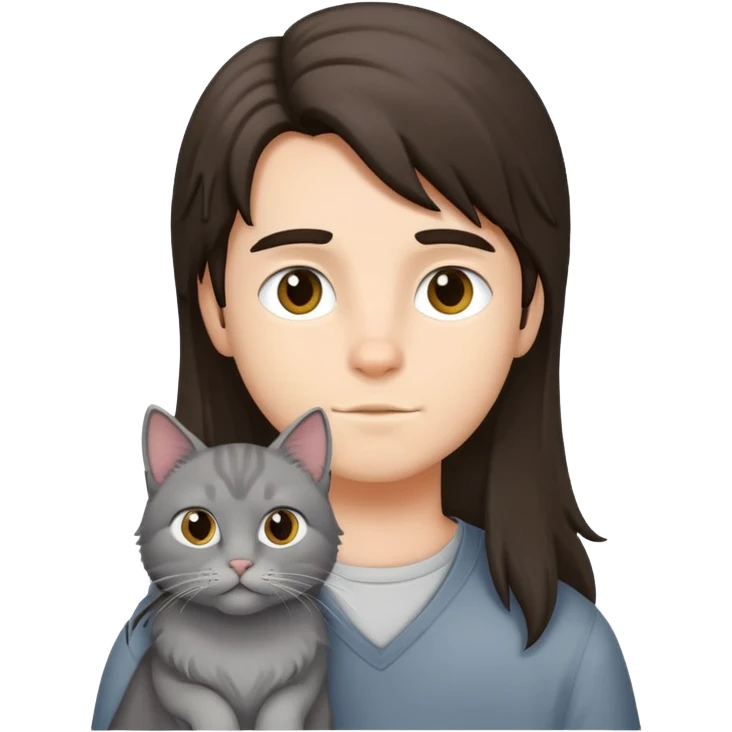 Brunette boy with a longhair grey cat emoji