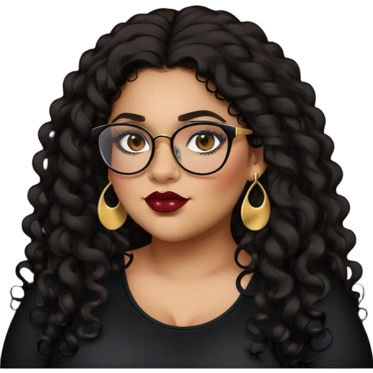 teen big plus size, latina, darker tan skin, gold earrings, long black curly hair, baddie,pretty, makeup, dark red lipgloss, black eyeliner, long hair, black top, black glasses emoji