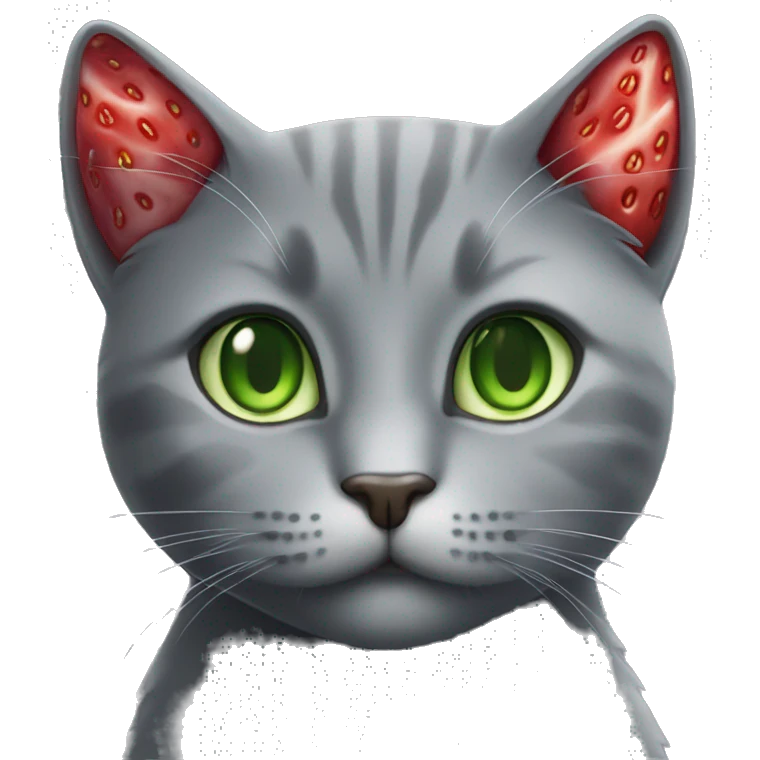 grey cat with green eyes with a strawberry emoji
