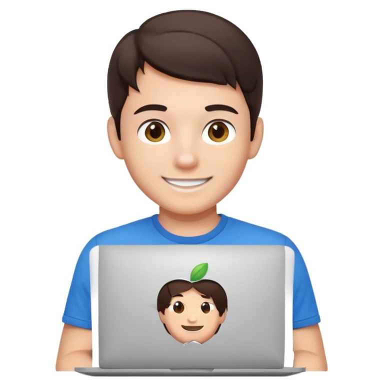 apple-style emoji of a young male software engineer, dark brown hair, hazel eyes, dimple, smiling and winking, tech t-shirt, using a MacBook with Apple logo, light gray background emoji