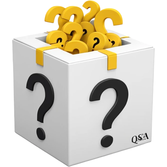 white cube shaped box printed with "q&a" over stuffed with yellow question marks emoji