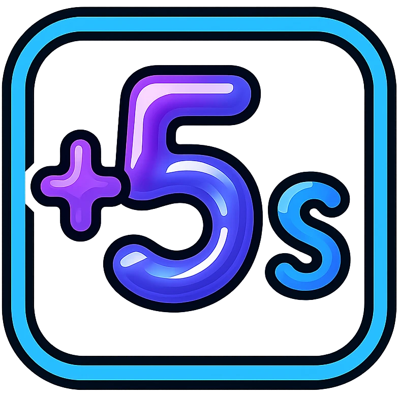 +5s with + and 5 in cosmic liquid metal mercury-like purple and blue, s as small subscript, electric blue neon glow border emoji