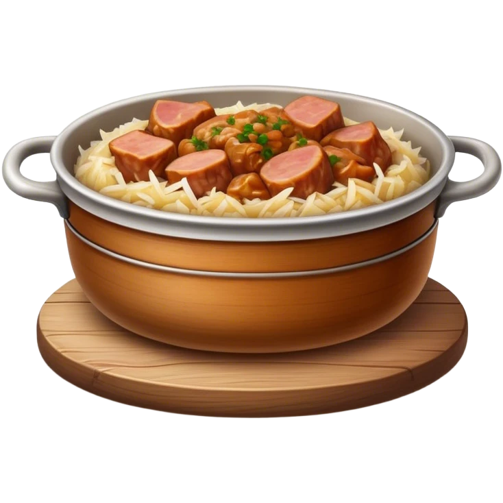 Cinematic Realistic Bigos Dish Emoji, showcasing a hearty stew of sauerkraut and meats rendered with rich textures and dynamic, rustic lighting. emoji