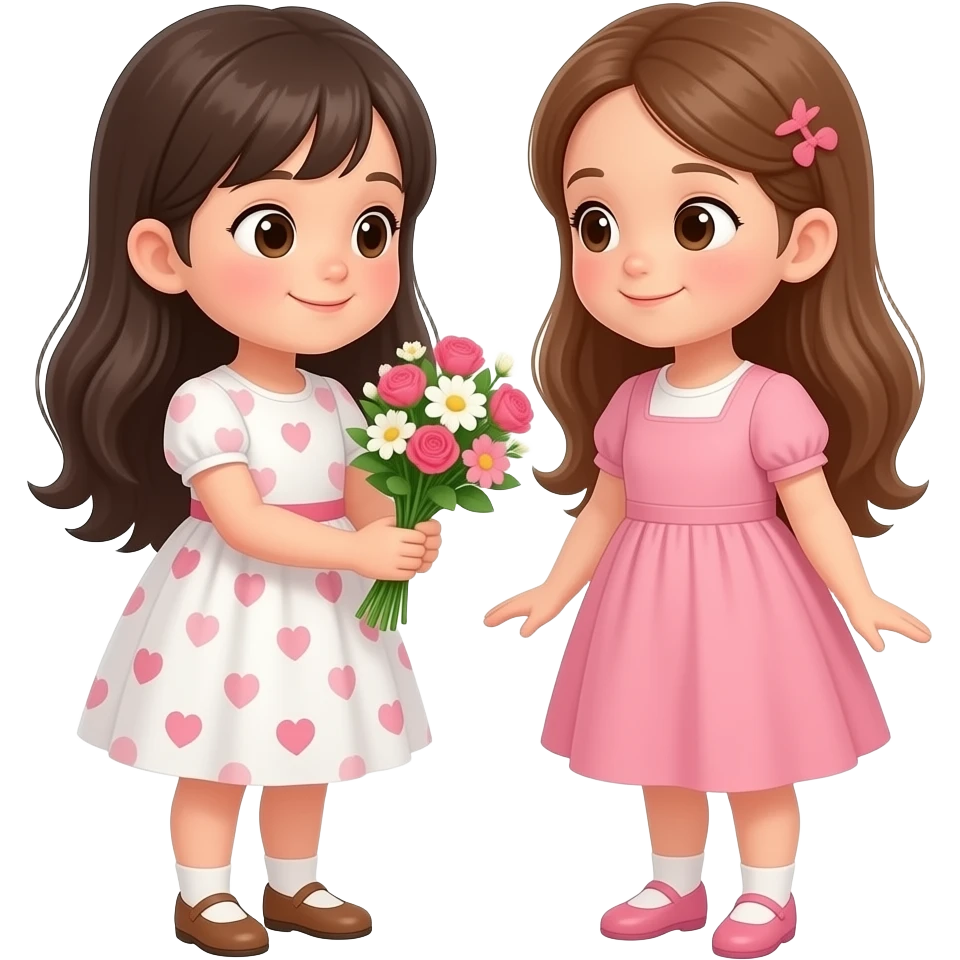Litlle girl giving little girlfriend flowers both with long hair and dresses emoji
