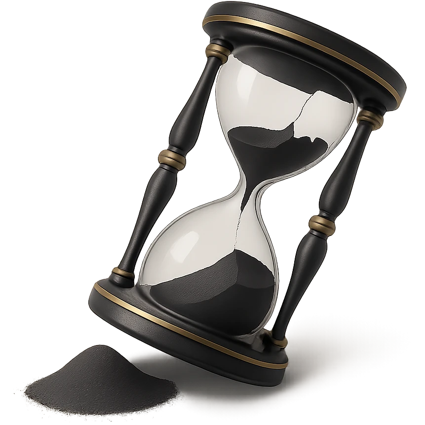 a broken hourglass with spilled sand in 3D black style emoji
