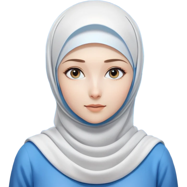 girl with white hijab in blue clothes, surrounded by screens displaying advanced holographic projections, quantum computing visuals, neural networks, futuristic UI elements, flowing digital code emoji