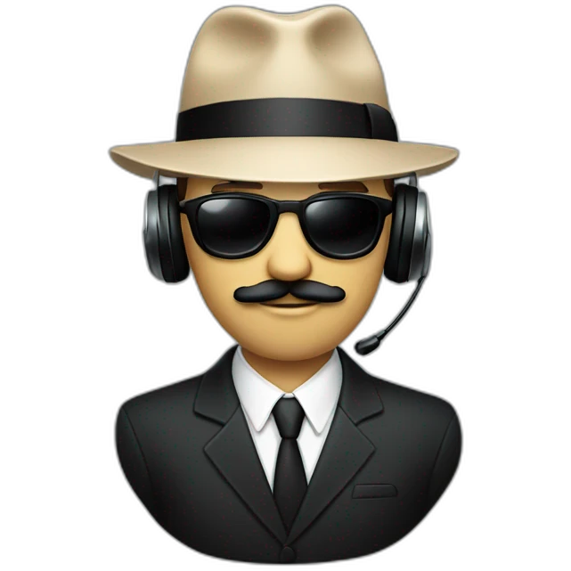 A man with a beige skin, a black suit, a tie, a fedora hat, headphones, black sunglasses and a mustache emoji