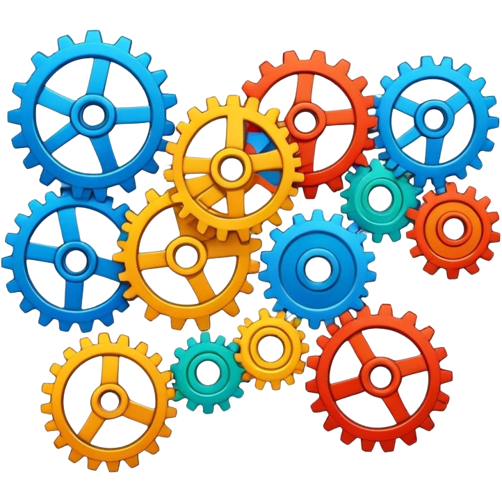 Set of colorful interlocked gears turning together in a system emoji