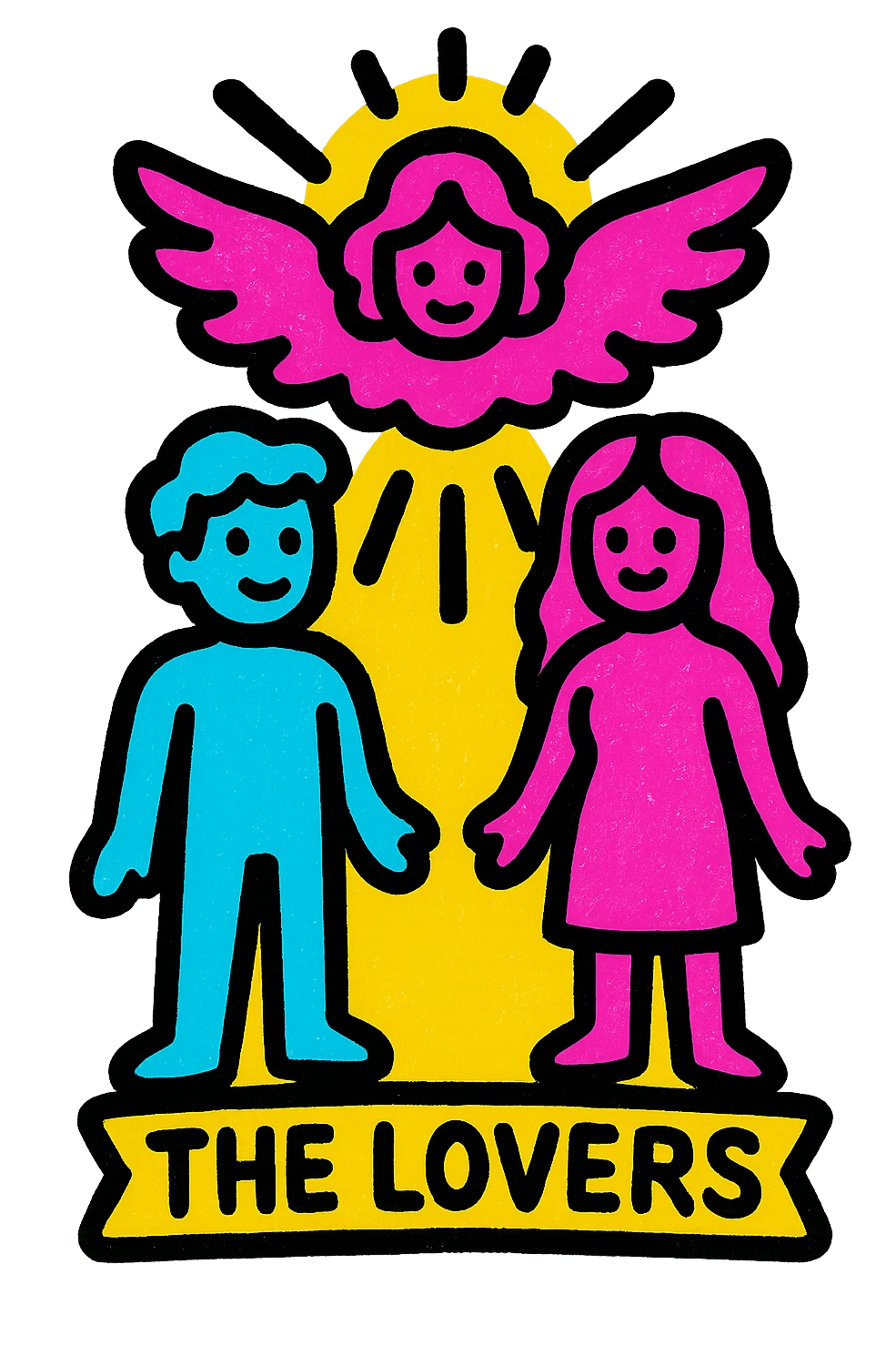 The Lovers tarot card emoji, two figures standing together with an angel above them, vibrant detailed style emoji