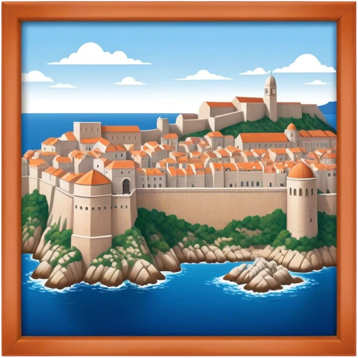 Cinematic Realistic Dubrovnik Landmark Emoji, showcasing the historic walled city with its terracotta rooftops, stone fortifications, and the deep blue Adriatic Sea stretching beyond. emoji