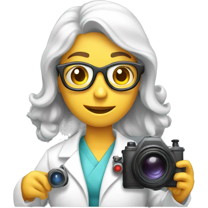 A pretty Scientist taking a photo with a big camera while wearing a lab coat emoji
