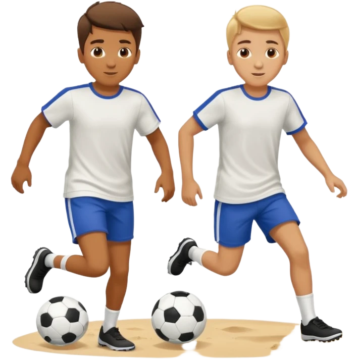 Two boys playing soccer at the beach. emoji