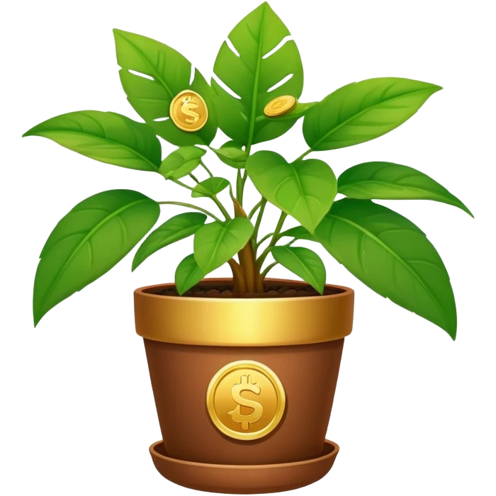 houseplant with lots of coins growing on leaves in a pot emoji