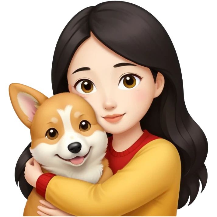 with long black brown hair,the chinese girl hugging a yellow corgi dog emoji