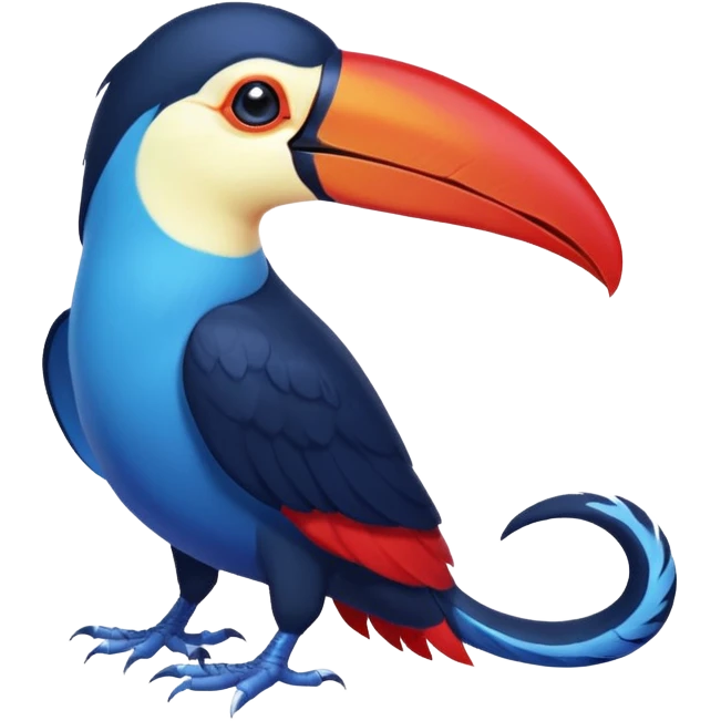 Blue tropical toucan-fakemon-bird, with red long beak, with a short blue lizard-tail curled inwards, Genshin Impact’s Dusk Bird emoji