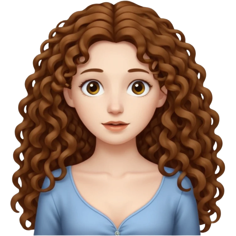 pale woman with brown curly very long hair, middle part. the hair is very long, waist length, but you can't see her waist emoji