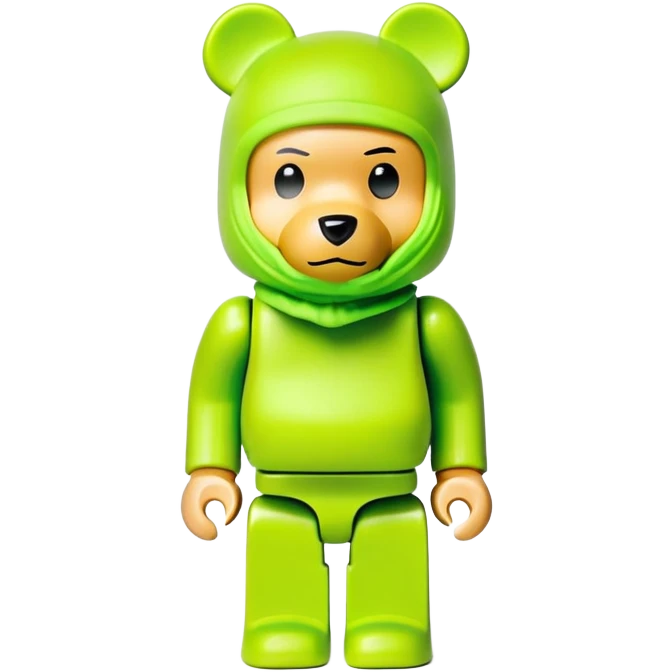 authentic bearbrick collectible figure with squared head and bear features, wearing a bright lime balaclava with defined thick eyebrows, toy design emoji
