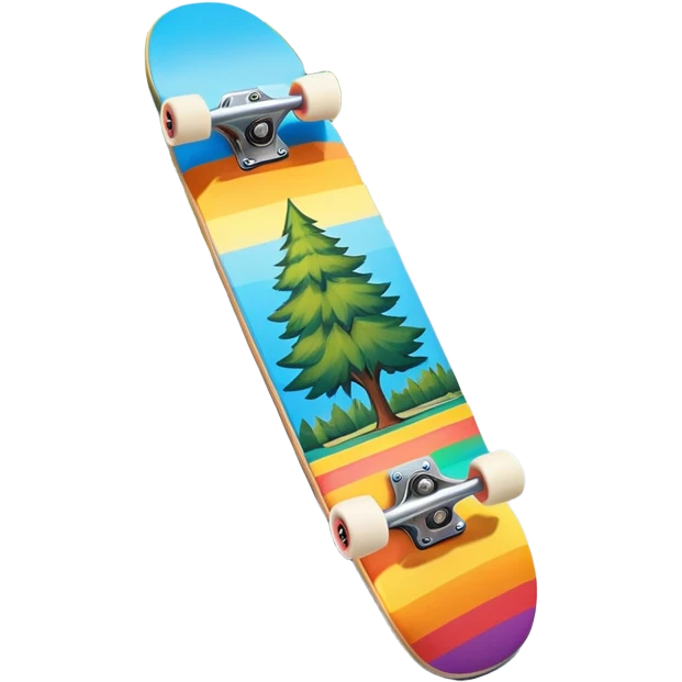An icon featuring a colorful skateboard resting on a smooth pavement. The background shows a sunny park with trees, a clear sky, and a lively atmosphere. The skateboard's deck is decorated with vibrant designs, emphasizing its dynamic style. Transparent background  emoji