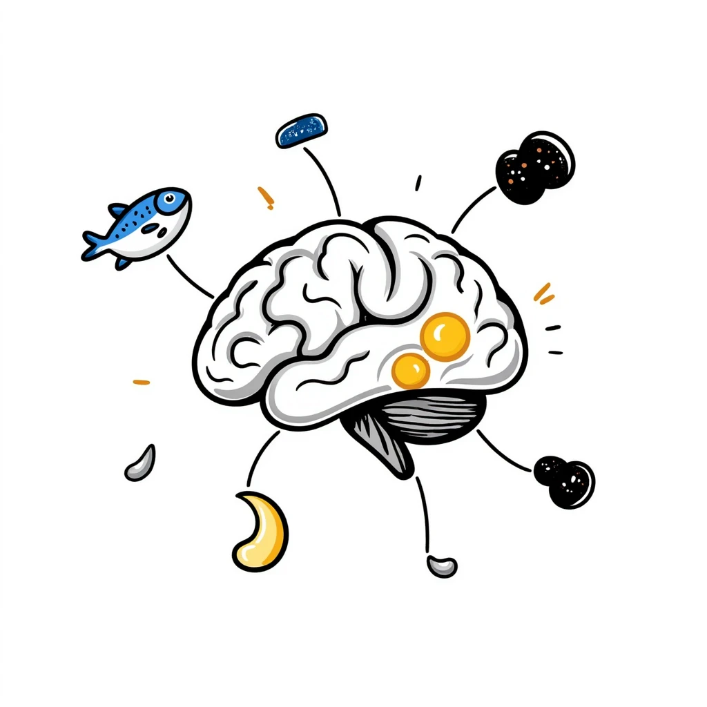 A crystalline brain with pieces of blue fish, egg yolk and fermented soy floating in a spiral around it. Thin light beams connect these foods to bright points on the brain, dissipating mental fog and creating clarity. emoji