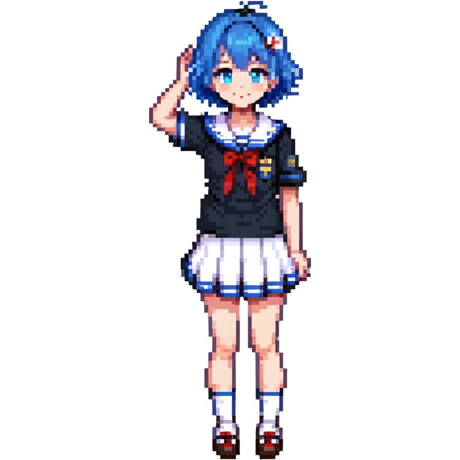 Pixel art anime girl with short bright blue hair wearing Japanese sailor style school uniform, trying to look confident with hand on hip but shyly waving with other hand, blushing cheeks and avoiding eye contact emoji